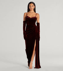 Inez Beaded Applique Velvet Formal Column Dress With Gloves