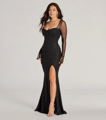Connie Glitter Long Sleeve Column Formal Dress