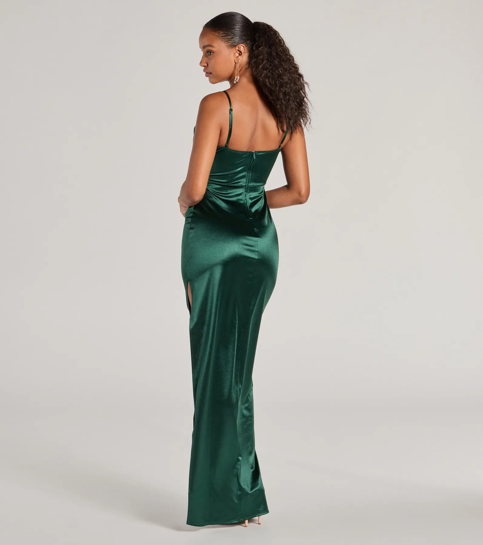 Iliana Cowl Neck High Slit Satin Column Dress
