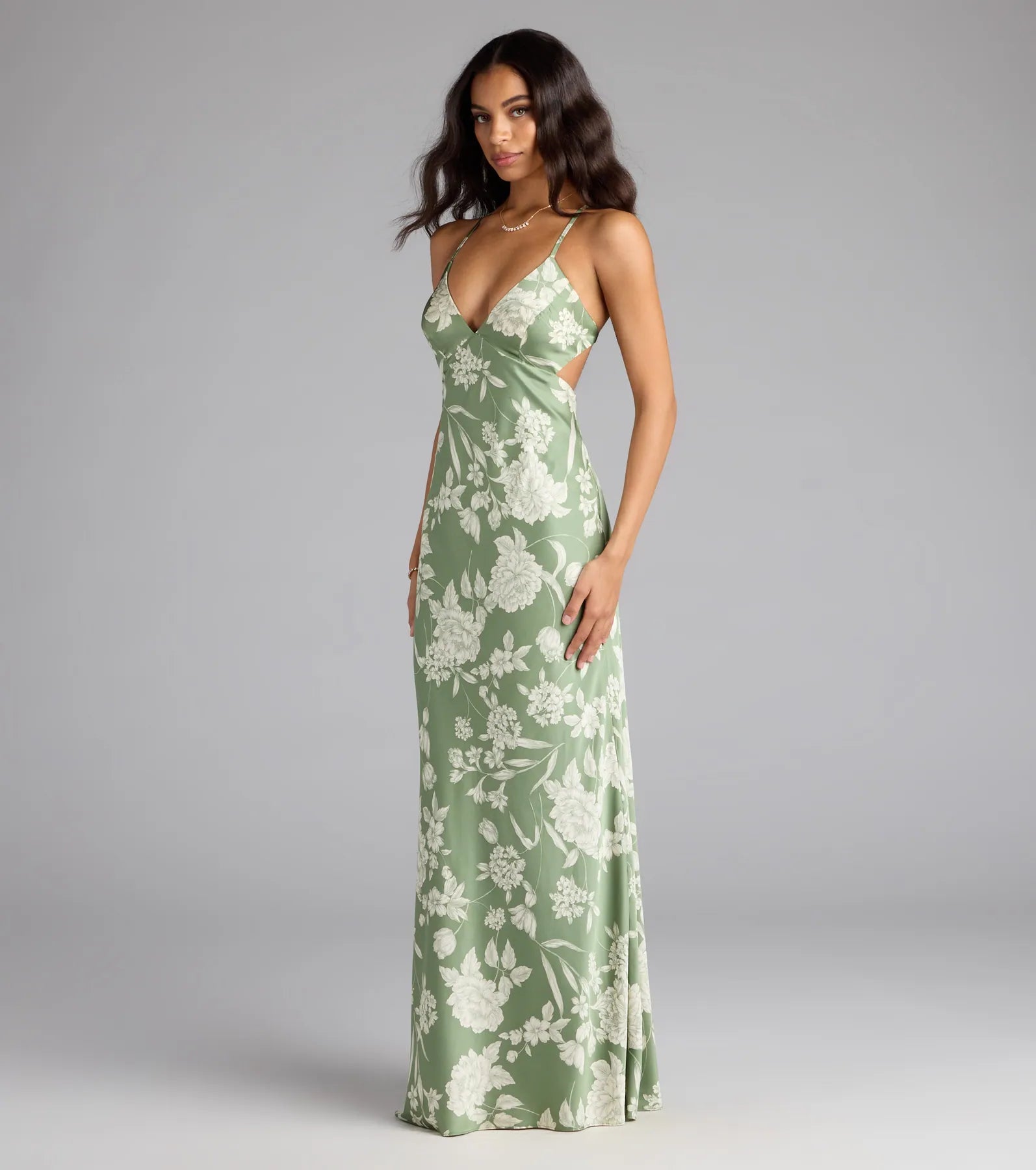 Daniella Lace-Up Floral Satin Formal Dress