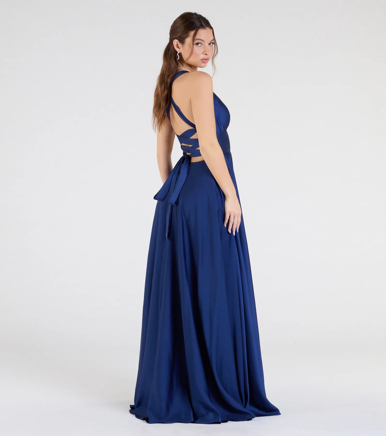 Abbey Lace-Up Slit A-Line Satin Formal Dress