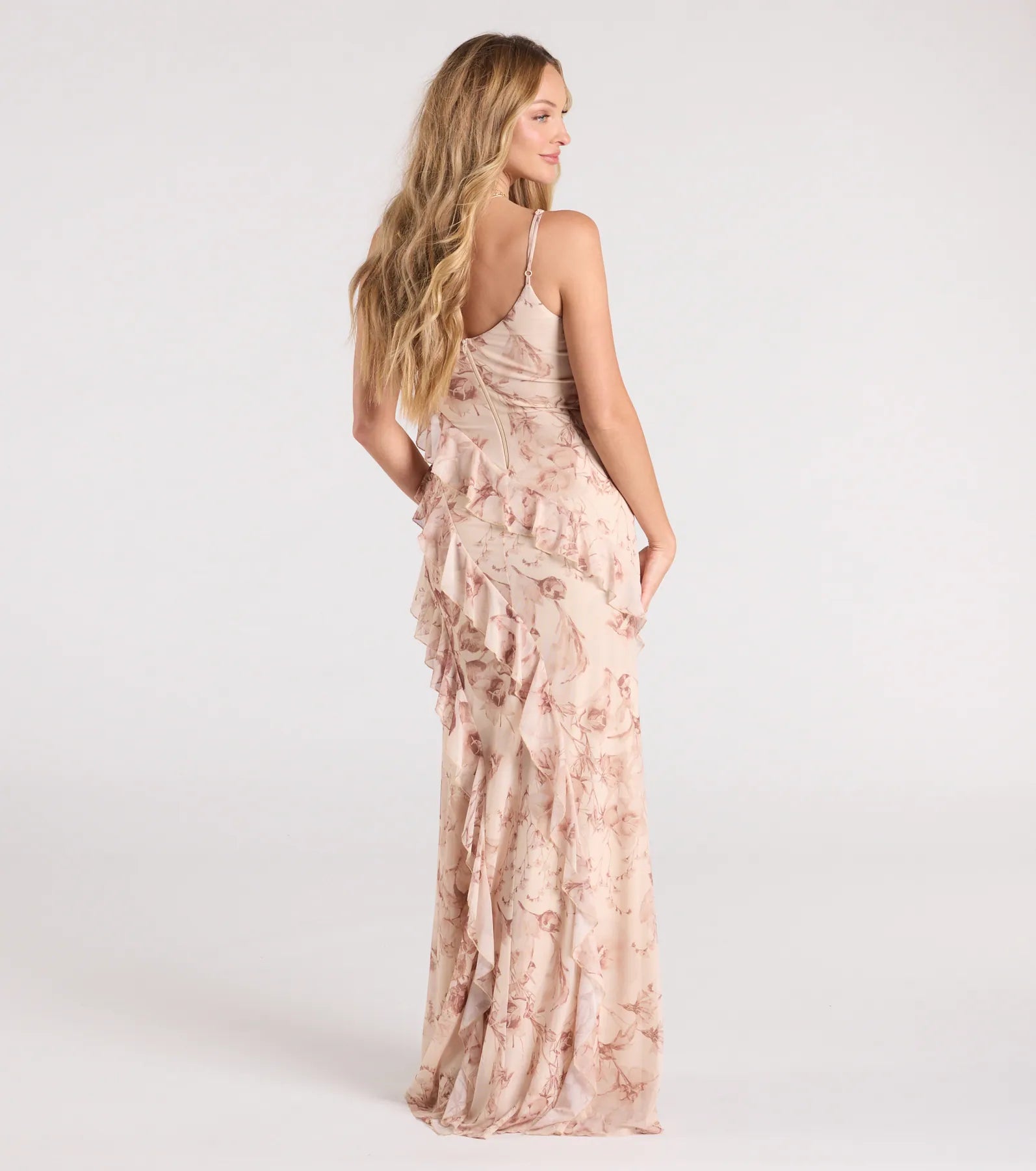 Sancia V-Neck Ruffle Slit Floral Formal Dress