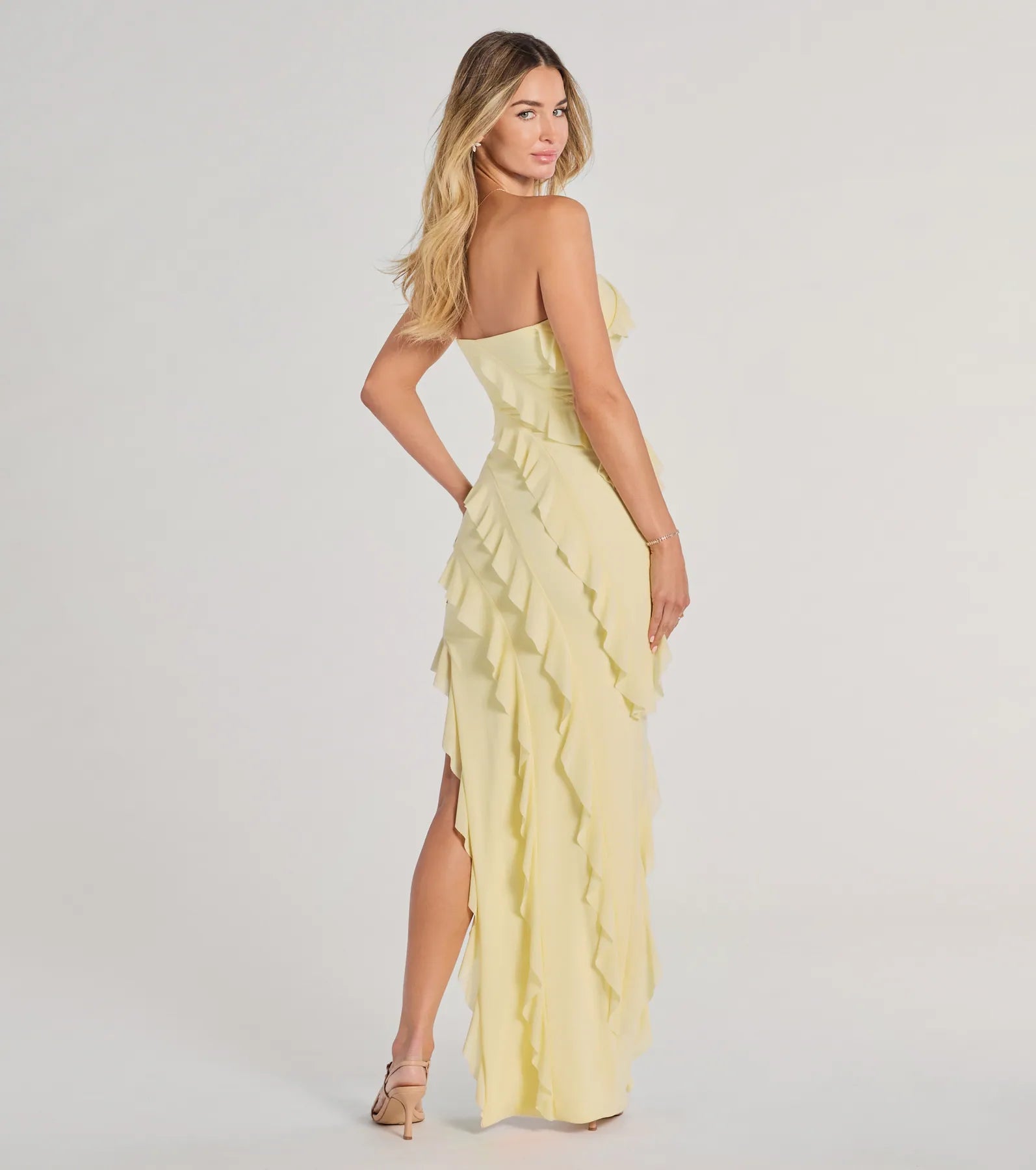 Gabby Formal Mesh Strapless Ruffle Long Dress