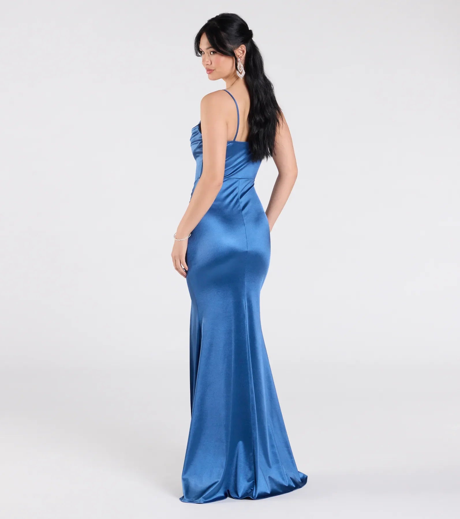 Jazmine Cowl Neck Slit A-Line Satin Formal Dress