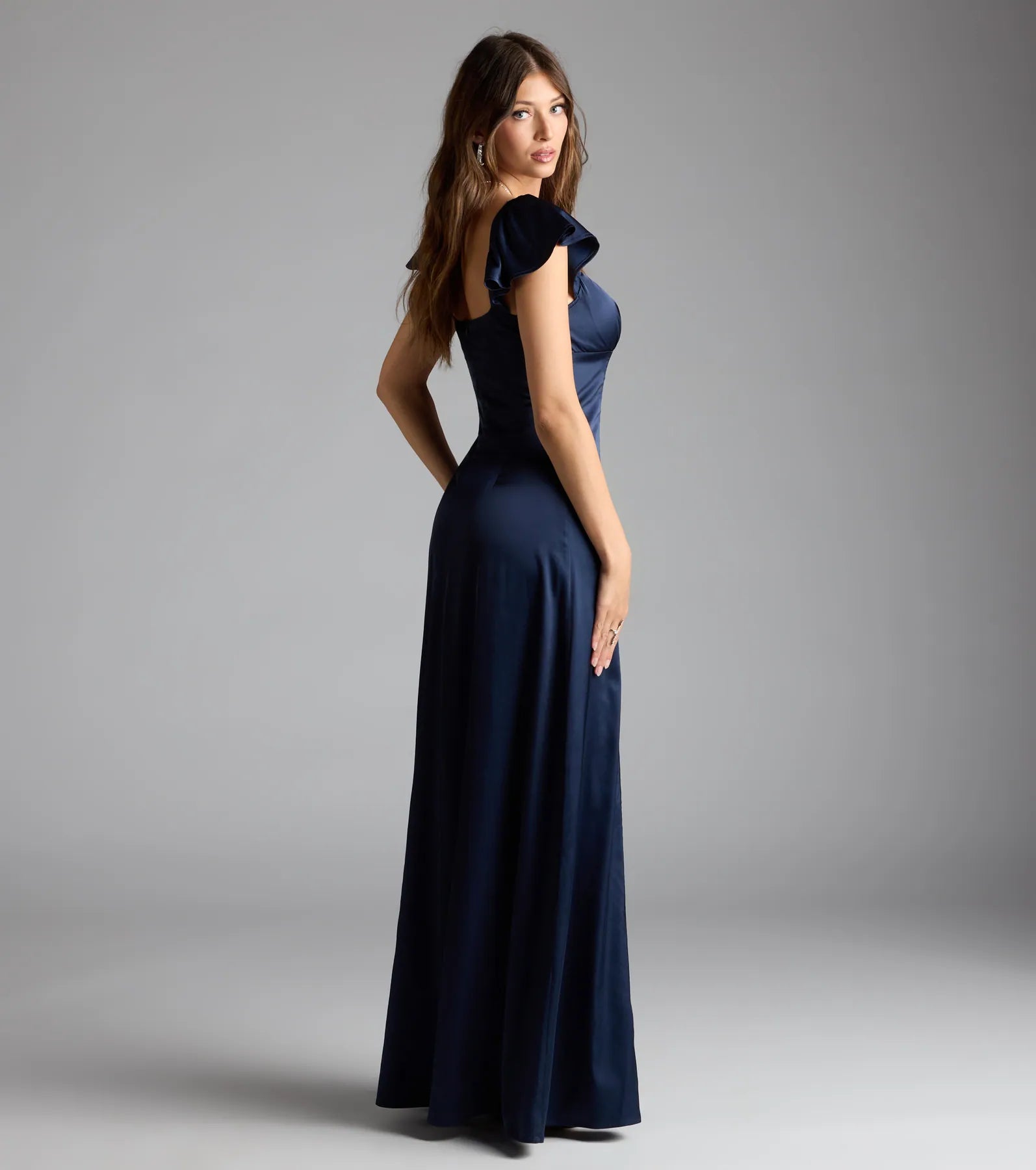 Olessa Short Sleeve A-Line Slit Satin Formal Dress