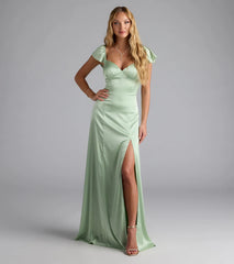 Olessa Short Sleeve A-Line Slit Satin Formal Dress