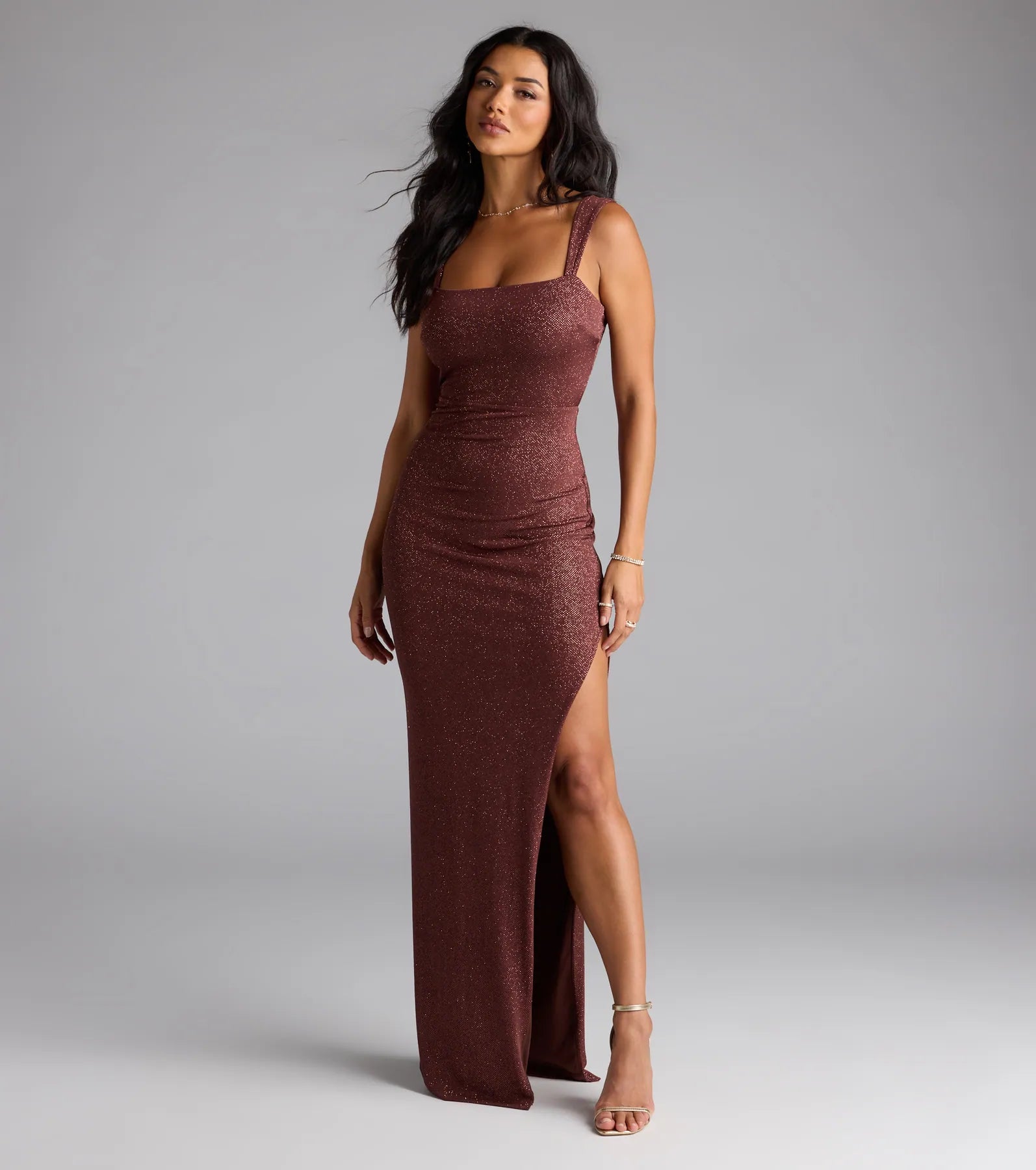 Brittney Lace-Up Slit Bodycon Glitter Formal Dress