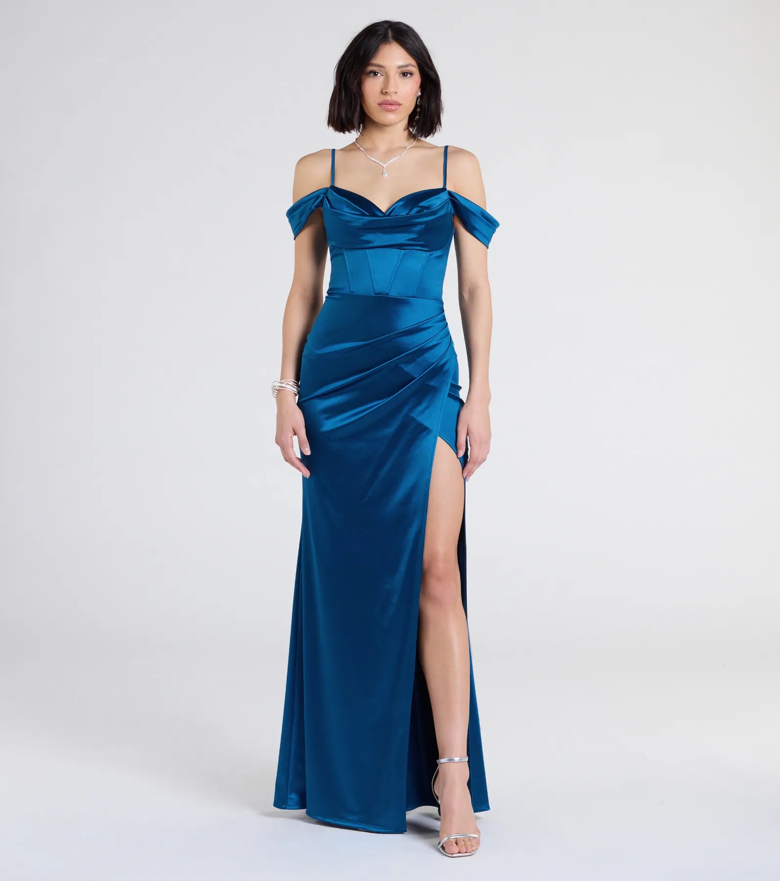Trista Cold Shoulder Slit Satin Formal Dress