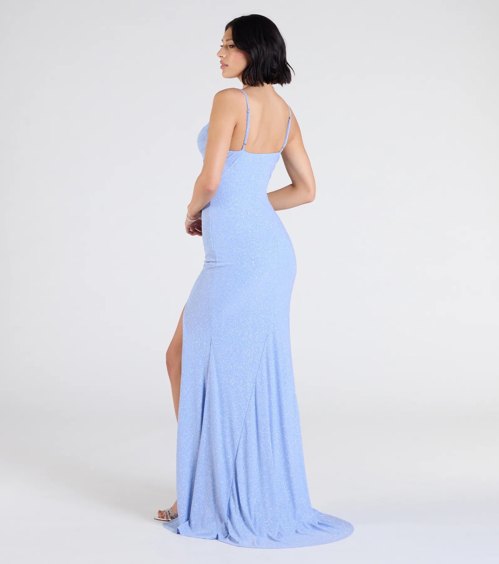 Madison Cowl Neck Slit Glitter Formal Dress