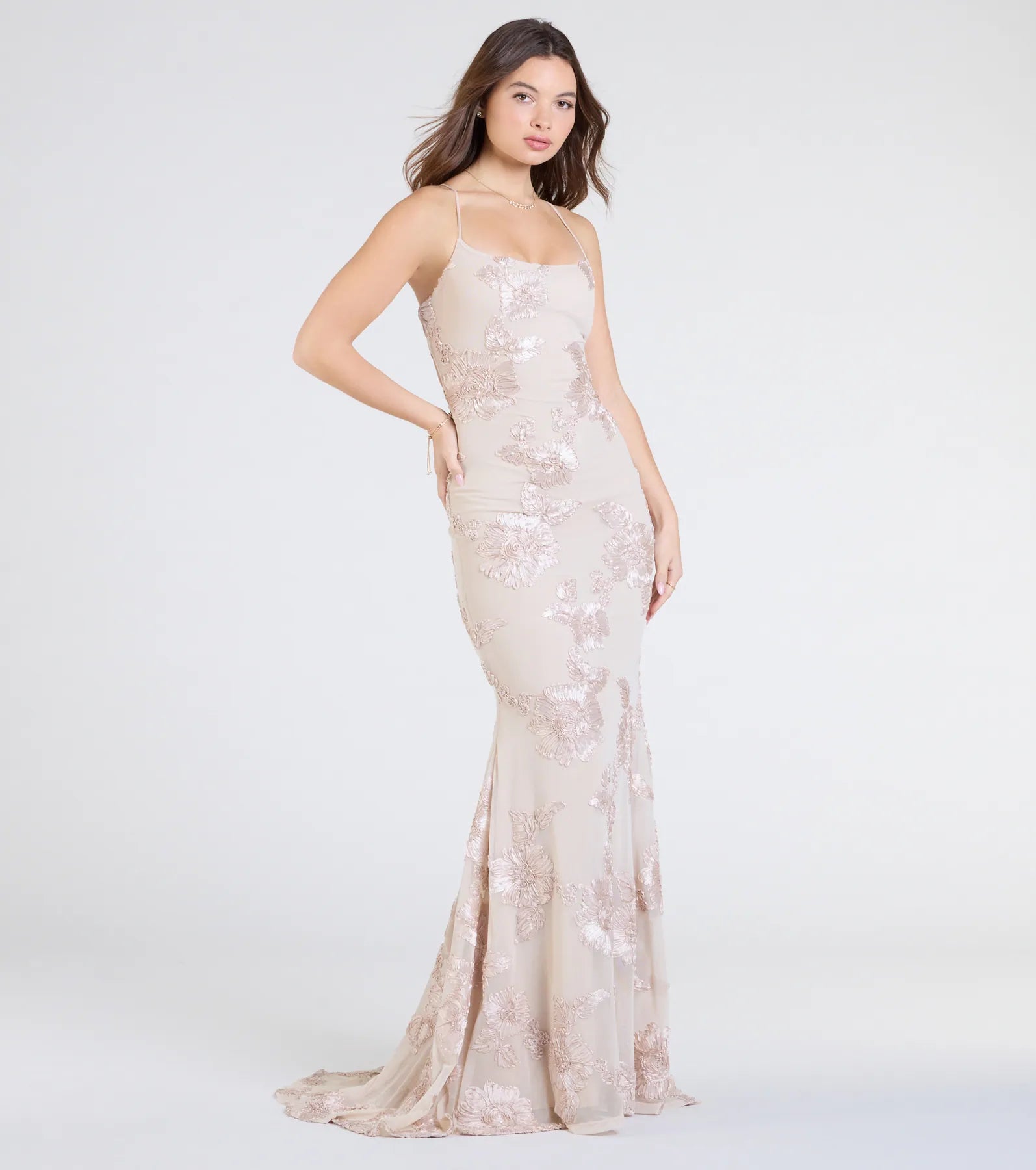 Gabi Lace-Up Floral Trim Mermaid Formal Dress