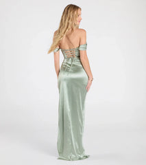 Phoebe Off-The-Shoulder Lace-Up Satin Formal Dress