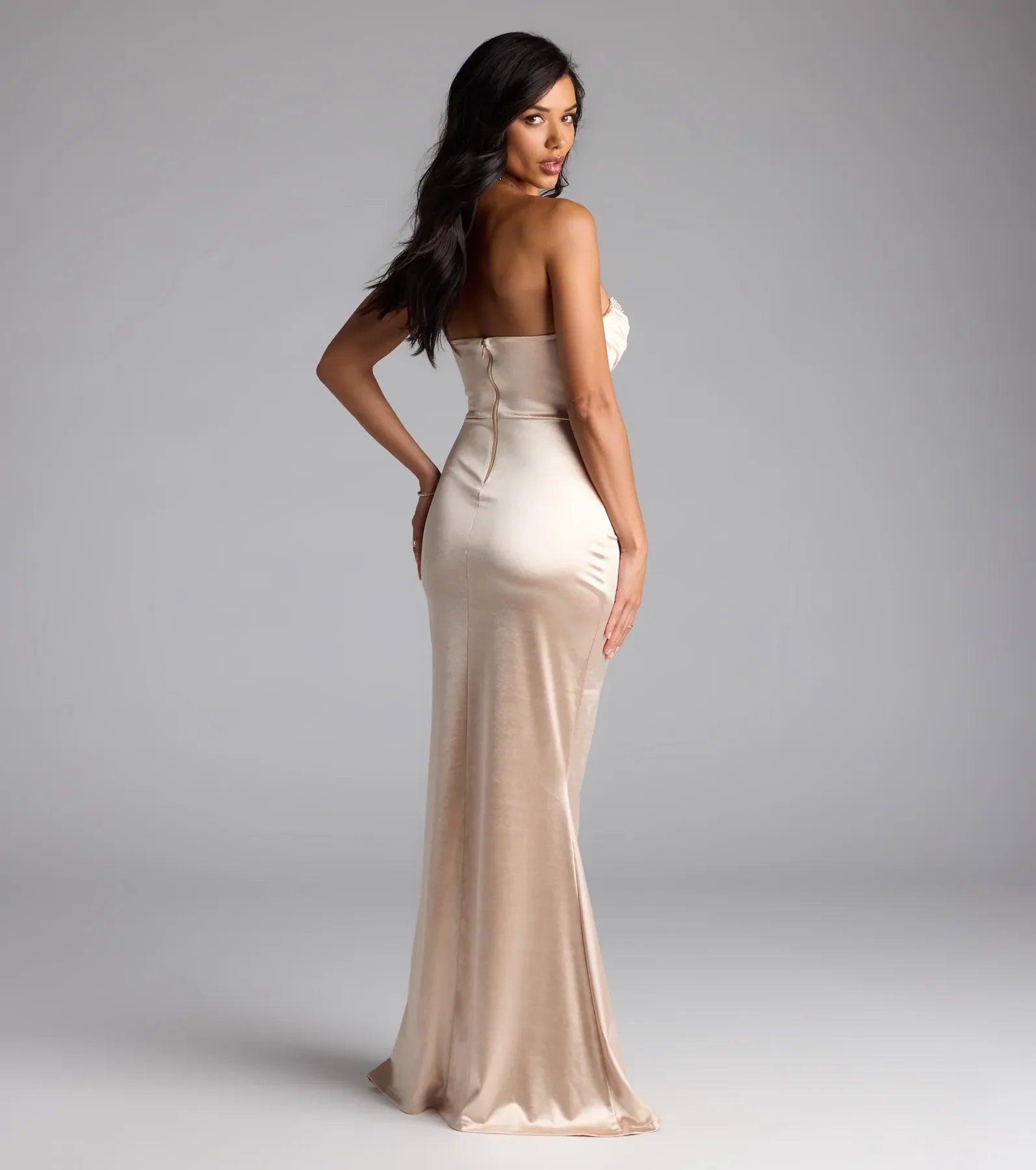 Loren Pearl Corset Slit Satin Formal Dress