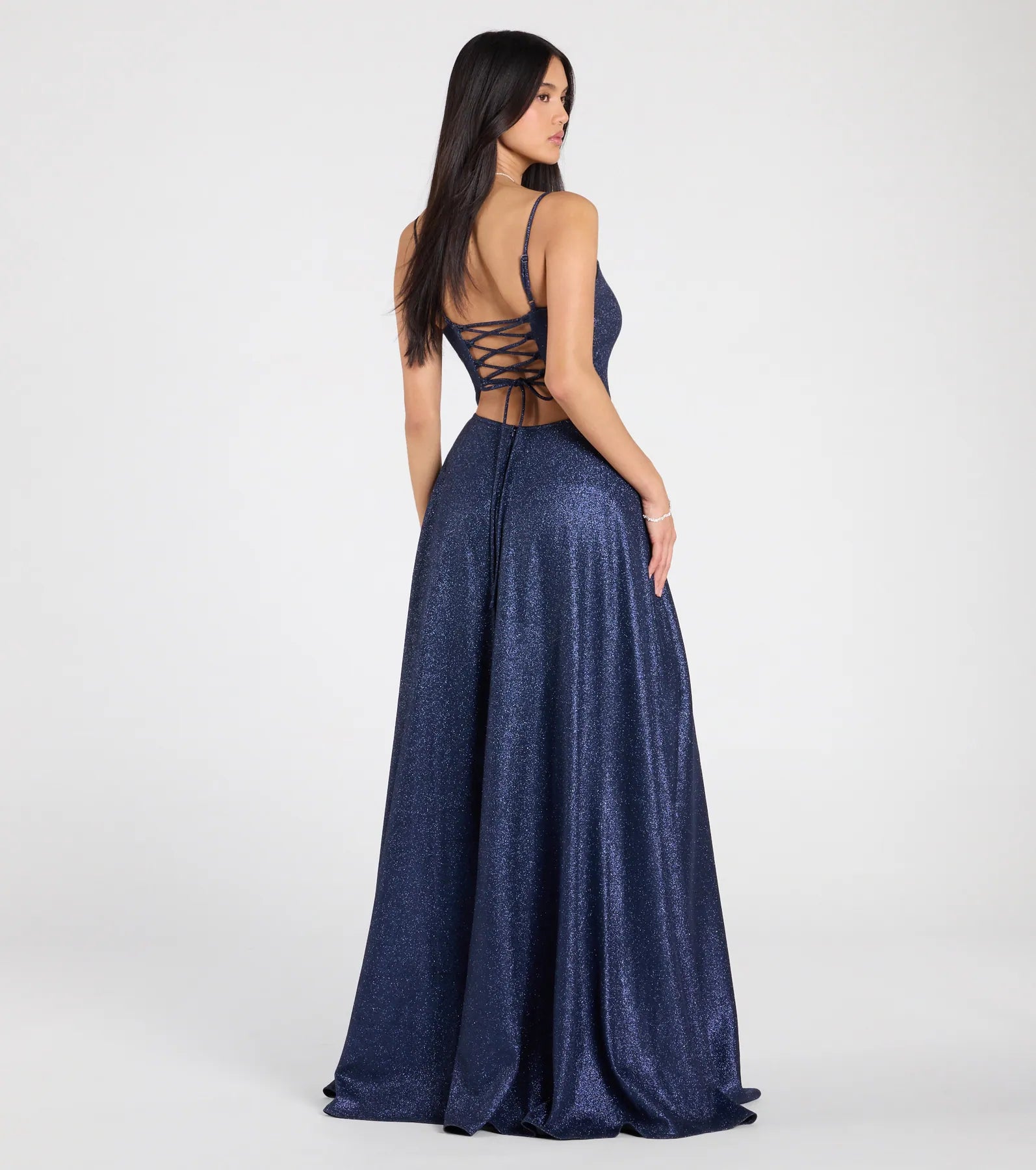 Minka Lace-Up Slit A-Line Glitter Formal Dress