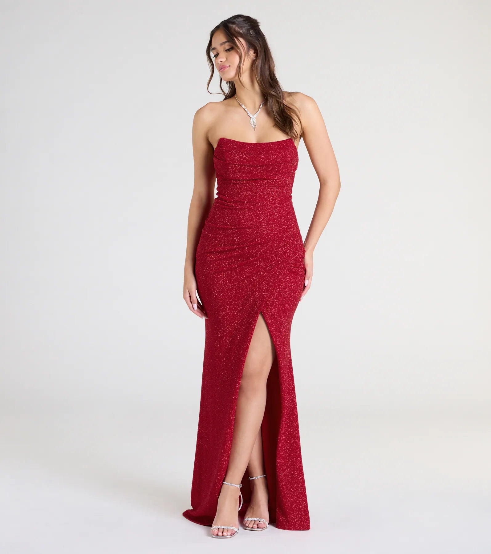 Perry Glitter Knit Wrap Slit Mermaid Dress