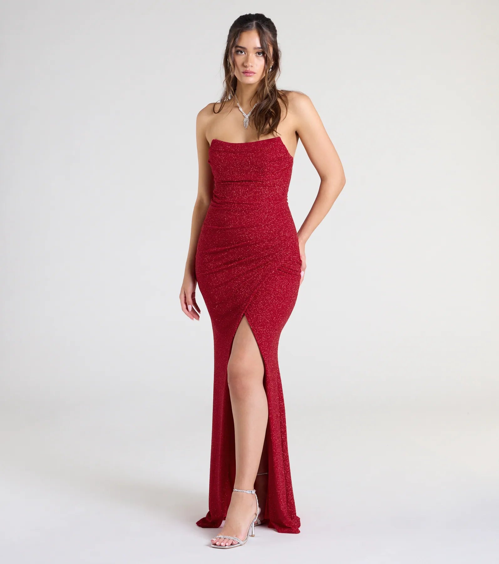 Perry Glitter Knit Wrap Slit Mermaid Dress