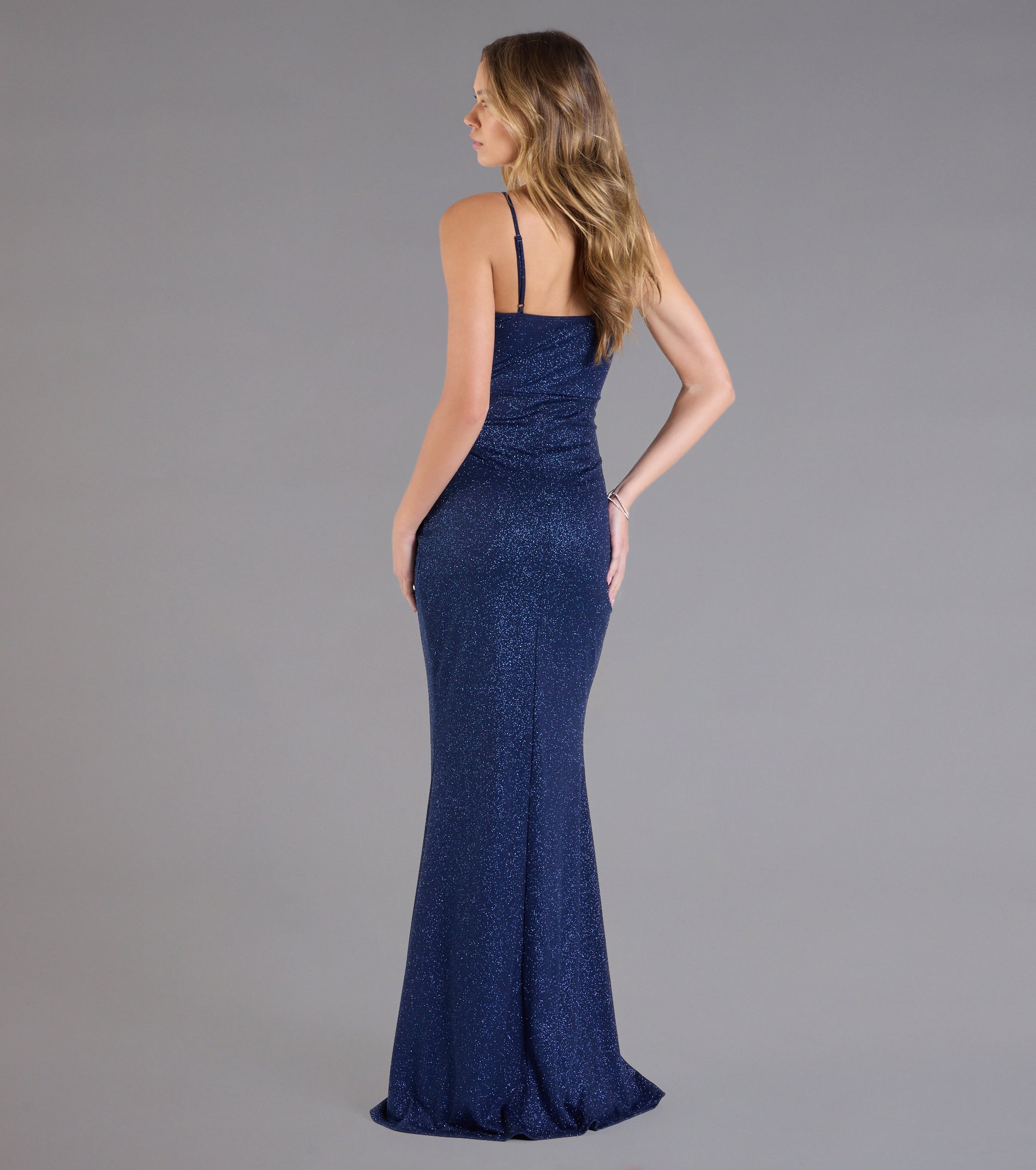 Johanna Cowl Neck Slit Glitter Formal Dress