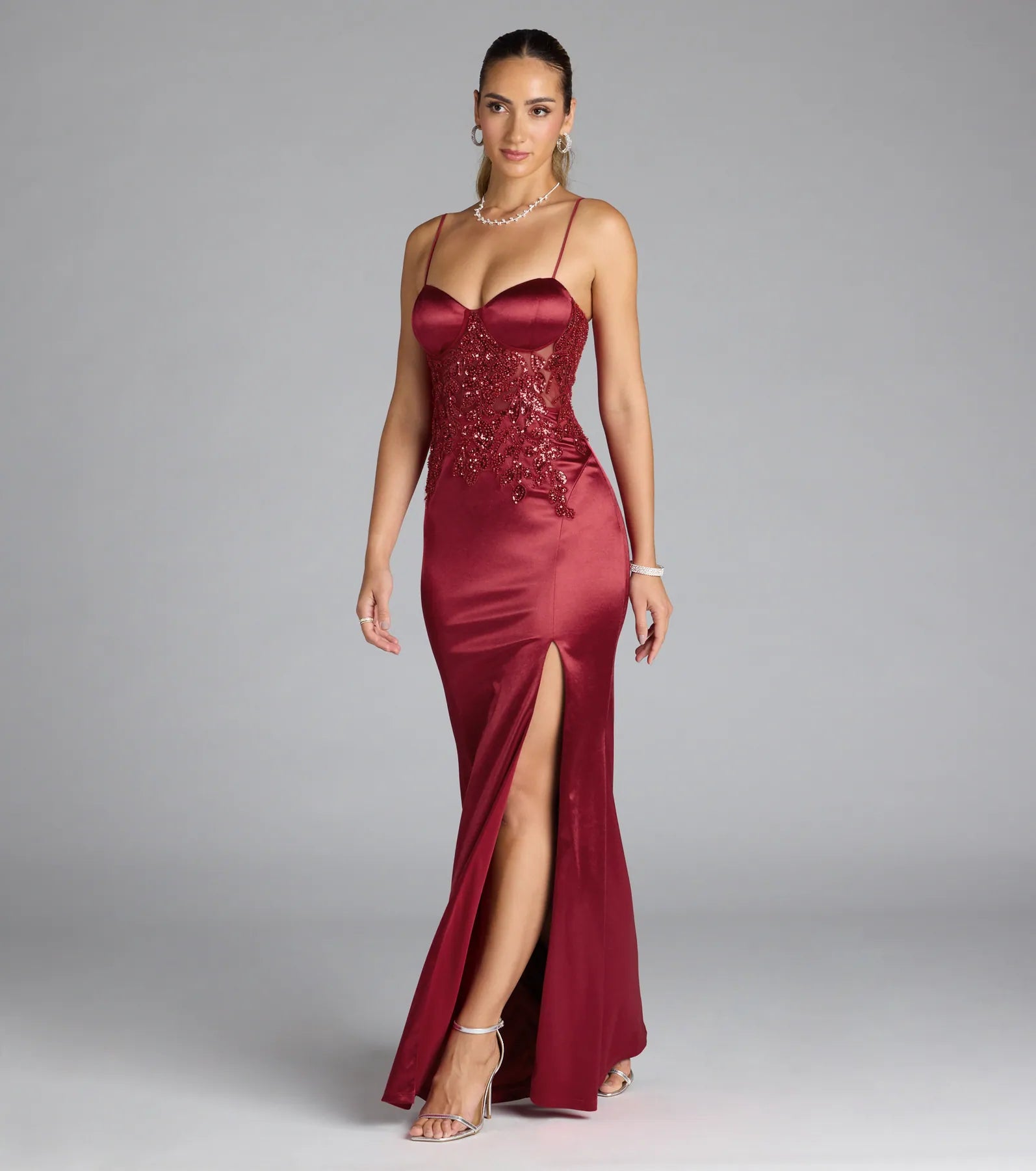 Felicia Beaded Sequin Slit Satin Formal Dress