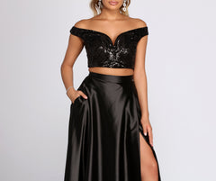 Estella Sequin Off Shoulder Two Piece Satin Dress
