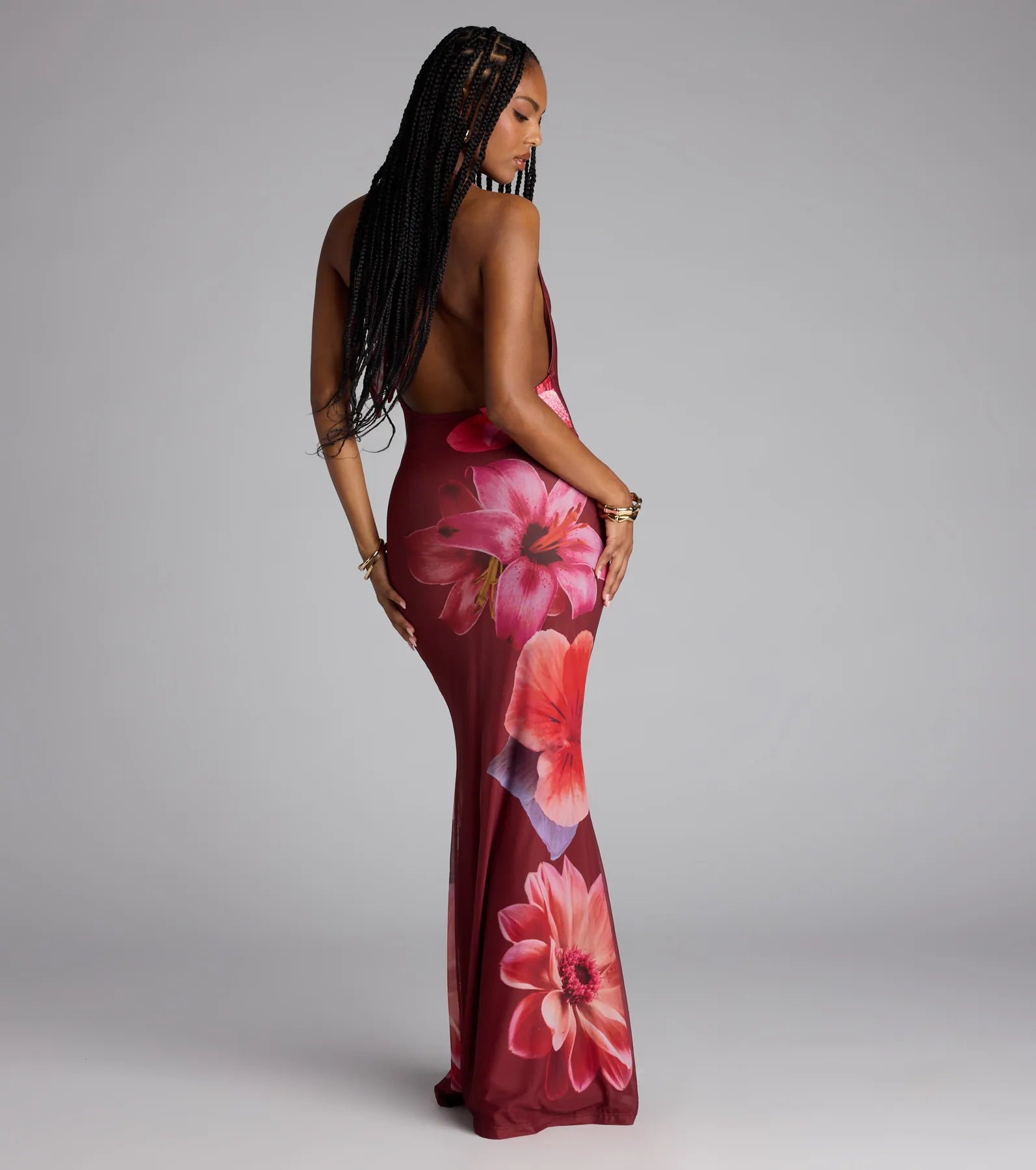 Amalfi Coast Plunge Neck Mermaid Floral Maxi Dress