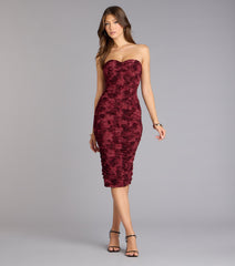 Velvet Bloom Flocked Floral Strapless Midi Dress
