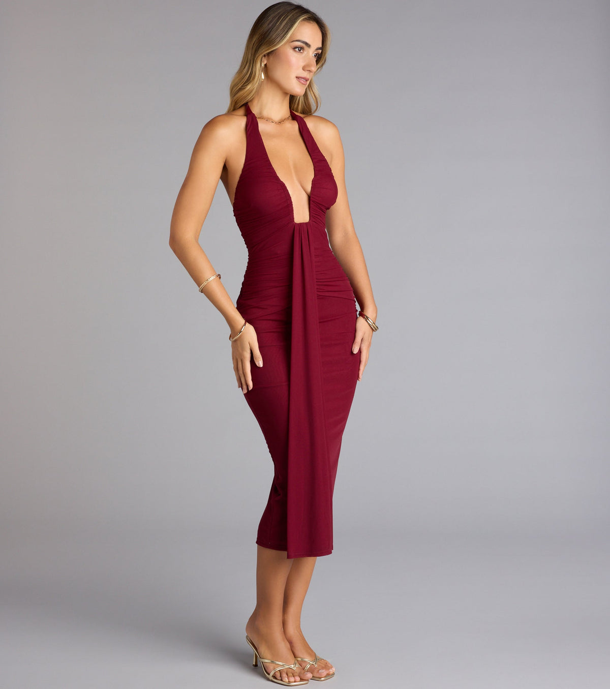 Autumn Affair Plunge Halter Midi Dress