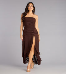 Chic Drama Strapless High Slit Ruffle Maxi Dress