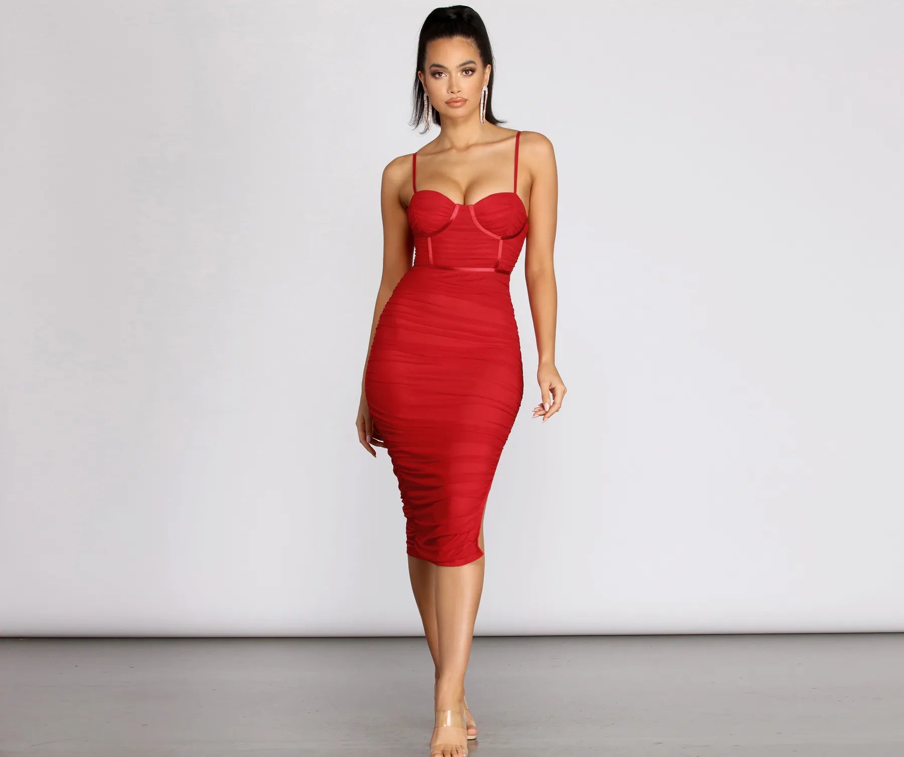Sweetheart Bustier Ruched Midi Dress