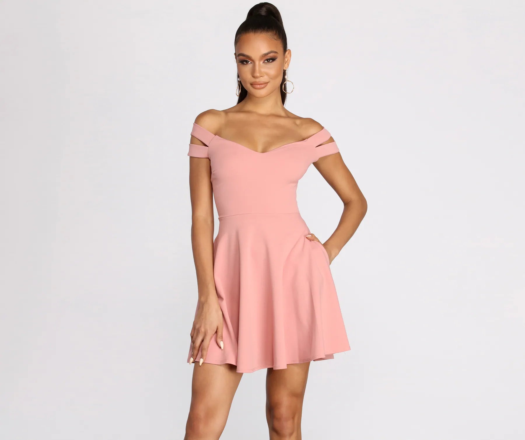 Give It A Spin Off Shoulder Pleated Skater Dress