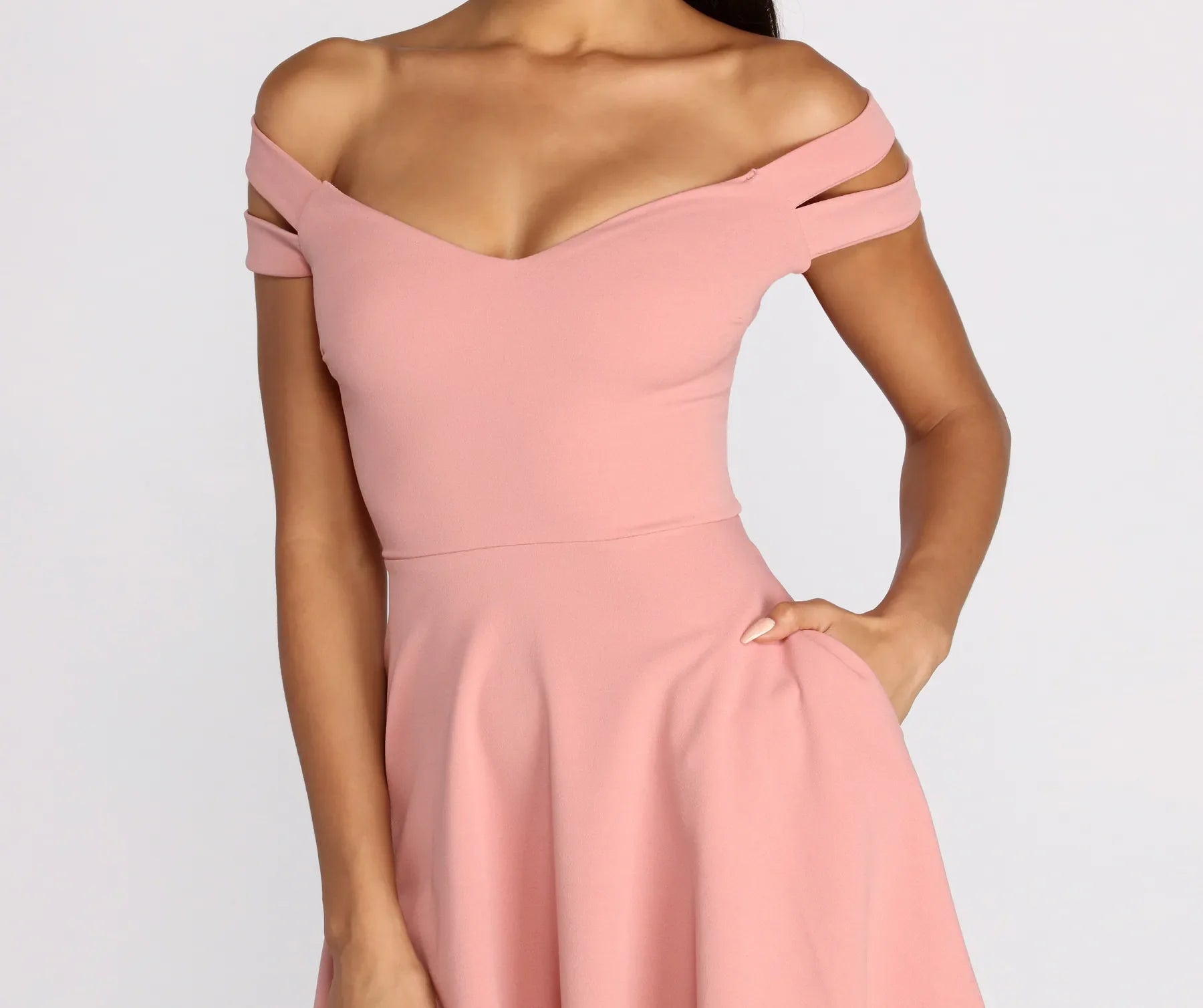 Give It A Spin Off Shoulder Pleated Skater Dress