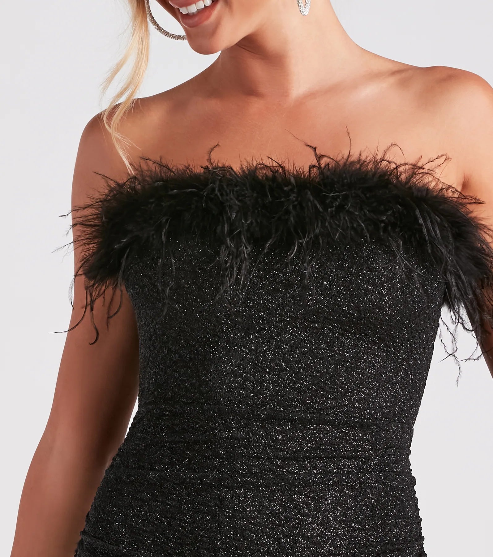 Radiant Glow Feather Trim Glitter Mini Dress