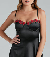 Pretty In Satin Rose Applique Skater Dress