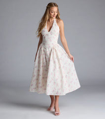 Sunny Daze Charm Halter V-Neck Floral A-Line Midi Dress