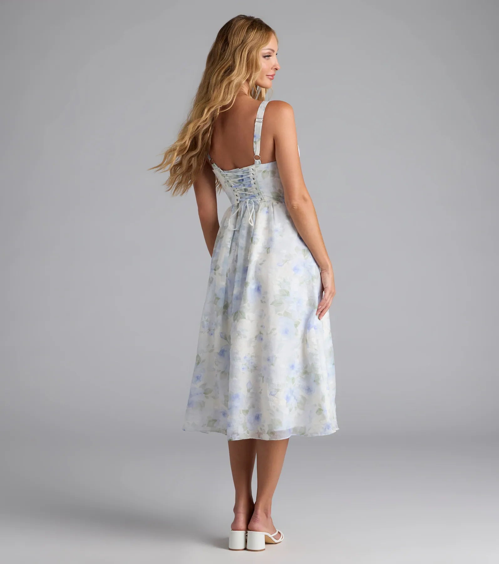 Charmed Sweetness Lace-Up Floral Chiffon Midi Dress