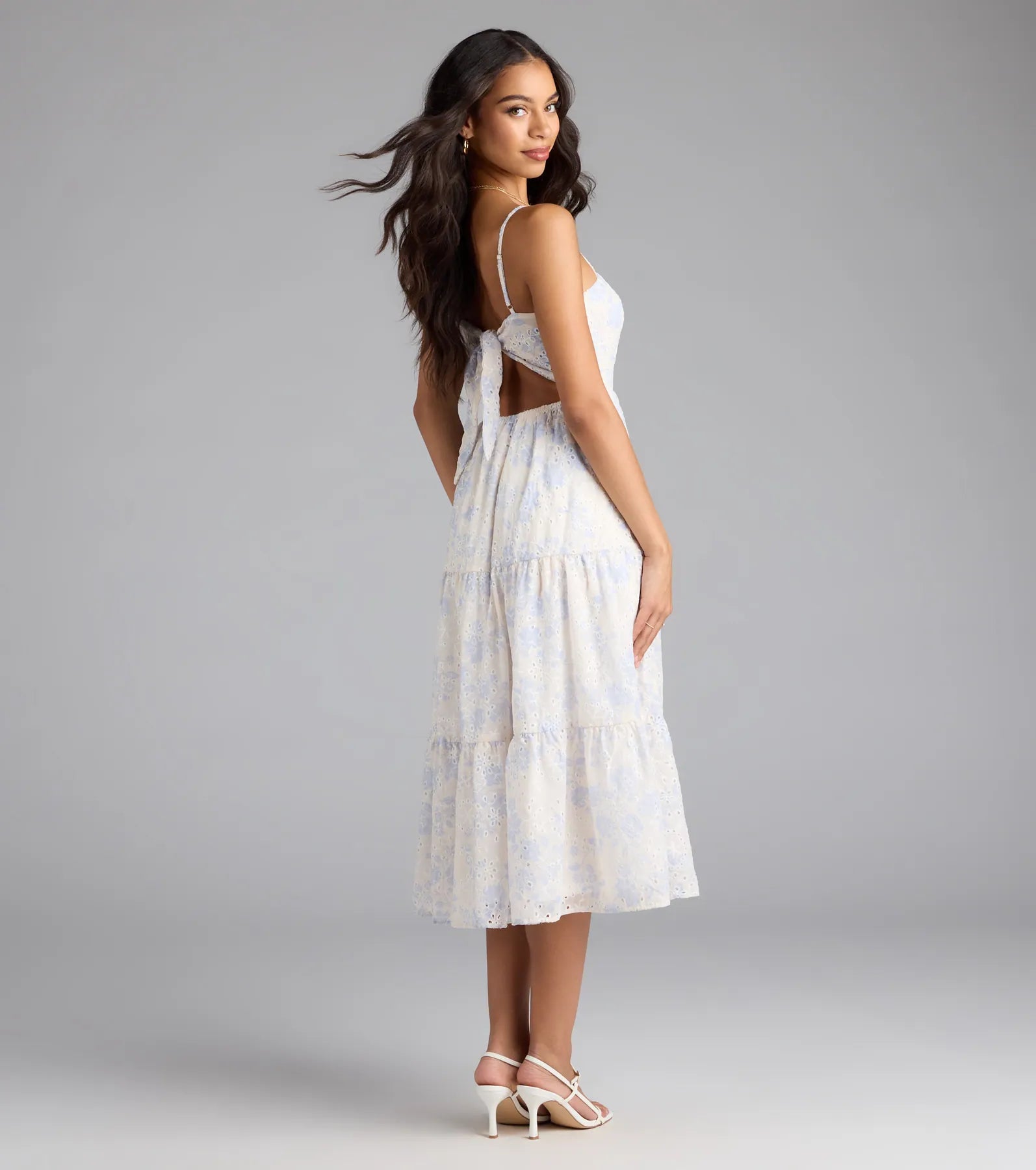 My Cute Side Tie-Back Floral Eyelet Midi Dress