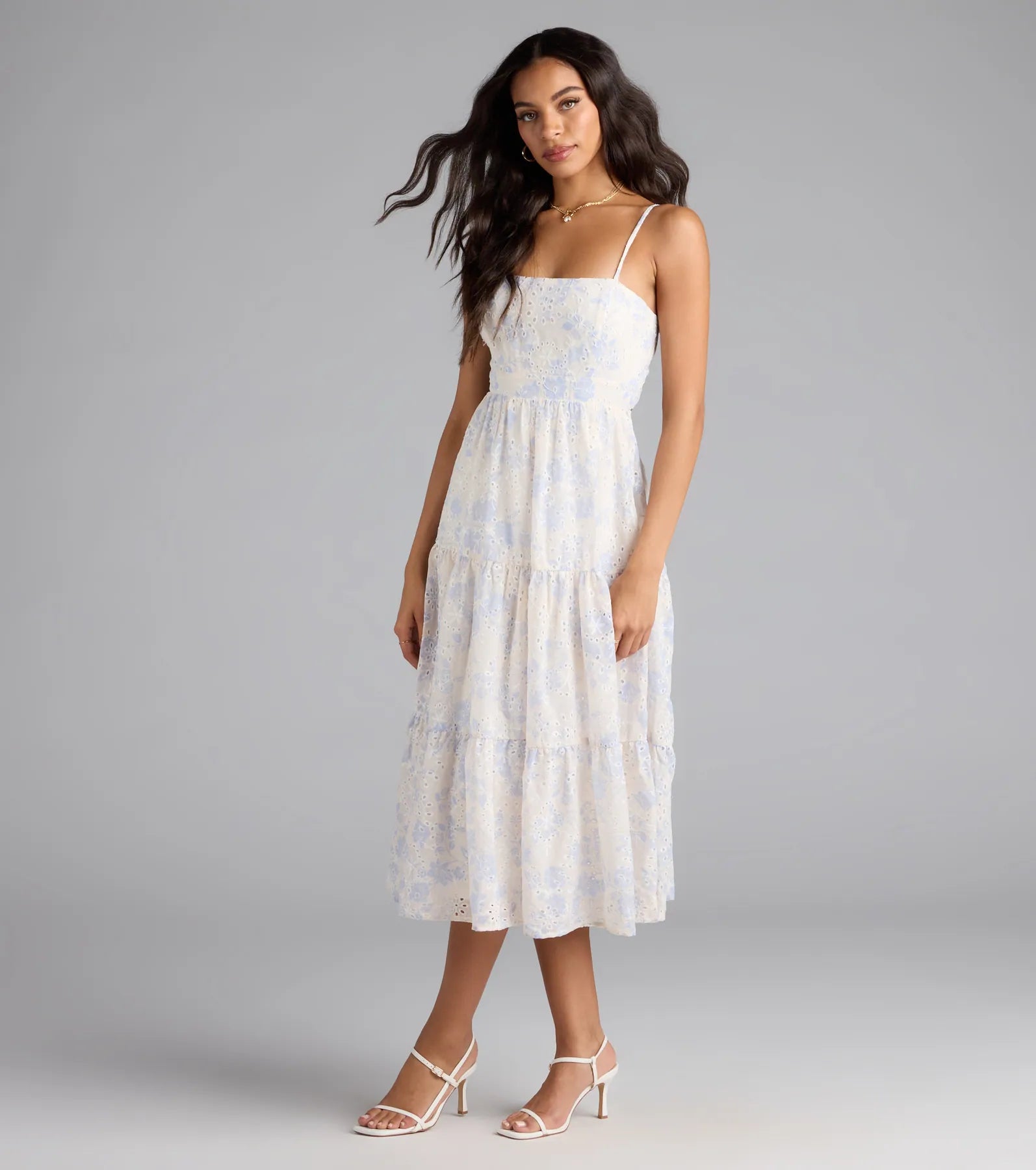 My Cute Side Tie-Back Floral Eyelet Midi Dress