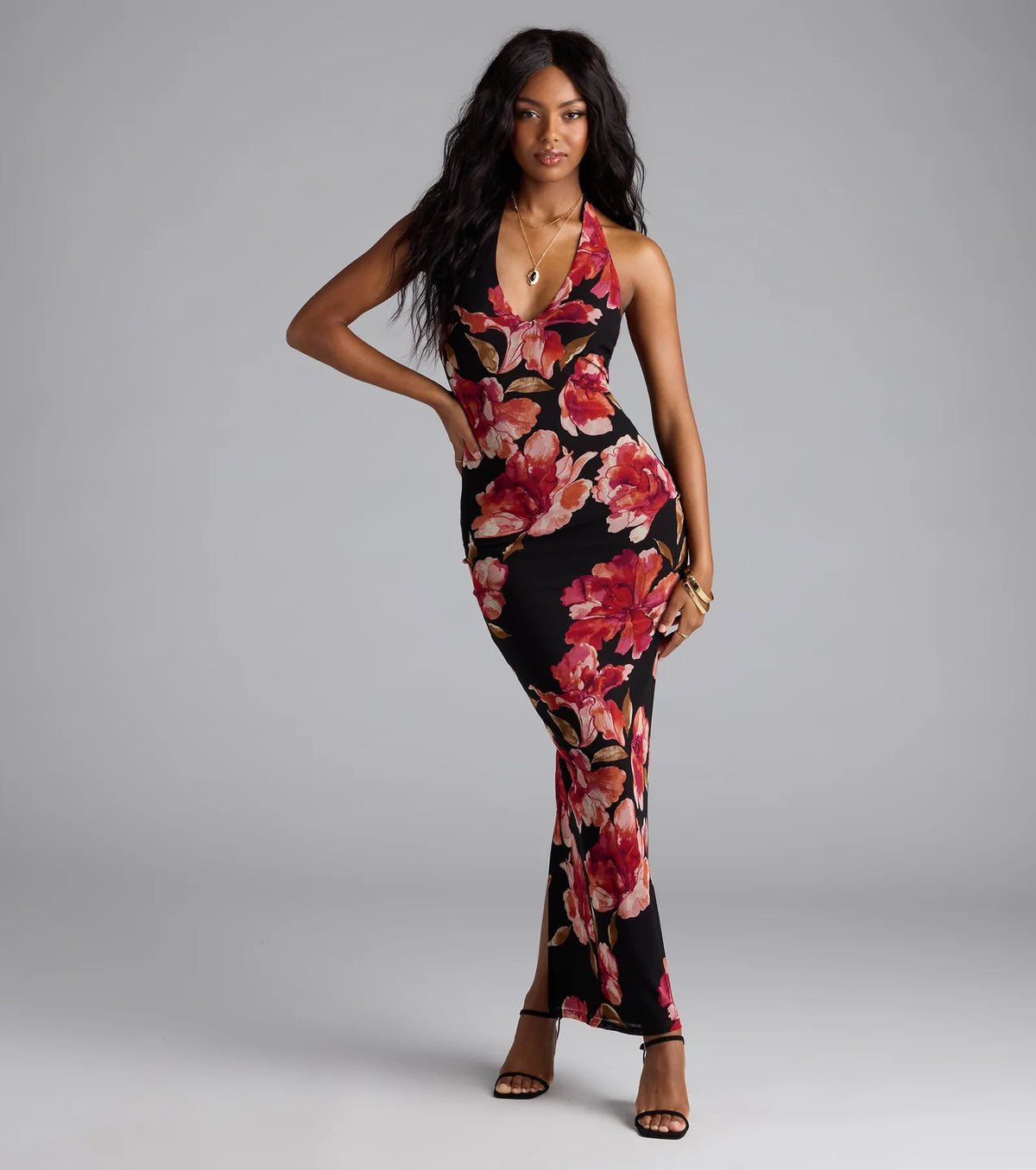 Gorgeous Soul Floral Halter Bodycon Maxi Dress