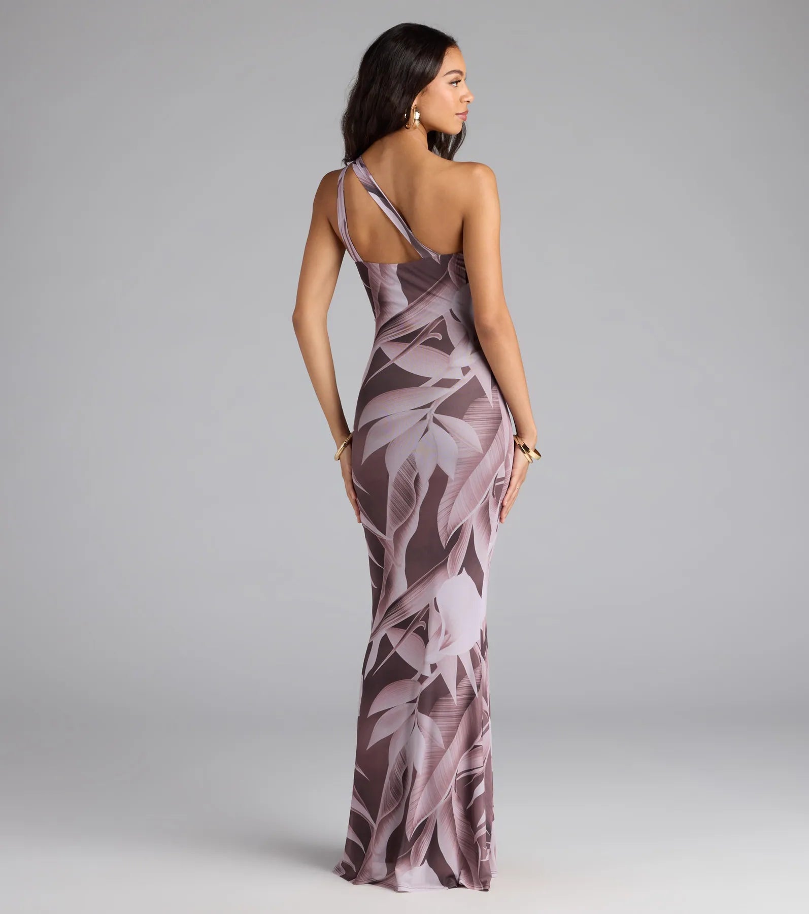 Vacay Mode Tropical Print One-Shoulder Maxi Dress