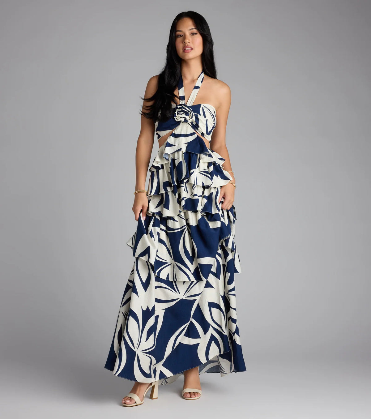 Bold And Beautiful Rosette Halter Cutout Maxi Dress
