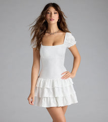 Charming Look Puff Sleeve Ruffled Skater Dress