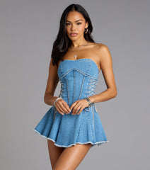 Laced In Denim Strapless Mini Dress