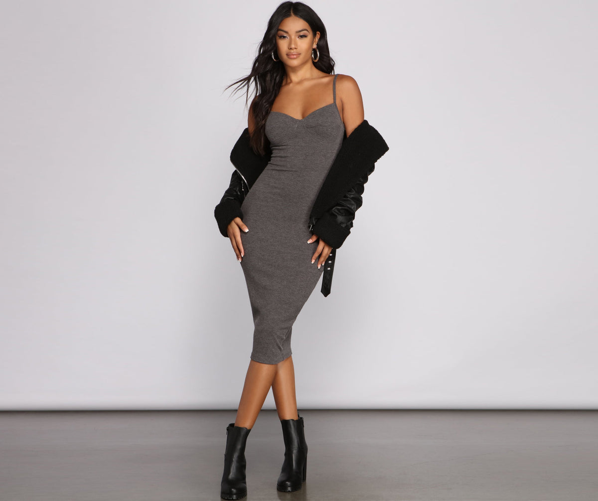 Stylish Sweetheart Ribbed Knit Midi Dress