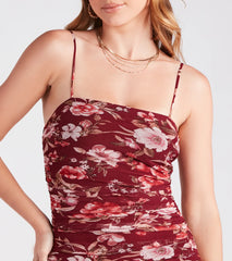 Fresh In Floral Ruched Mesh Midi Dress