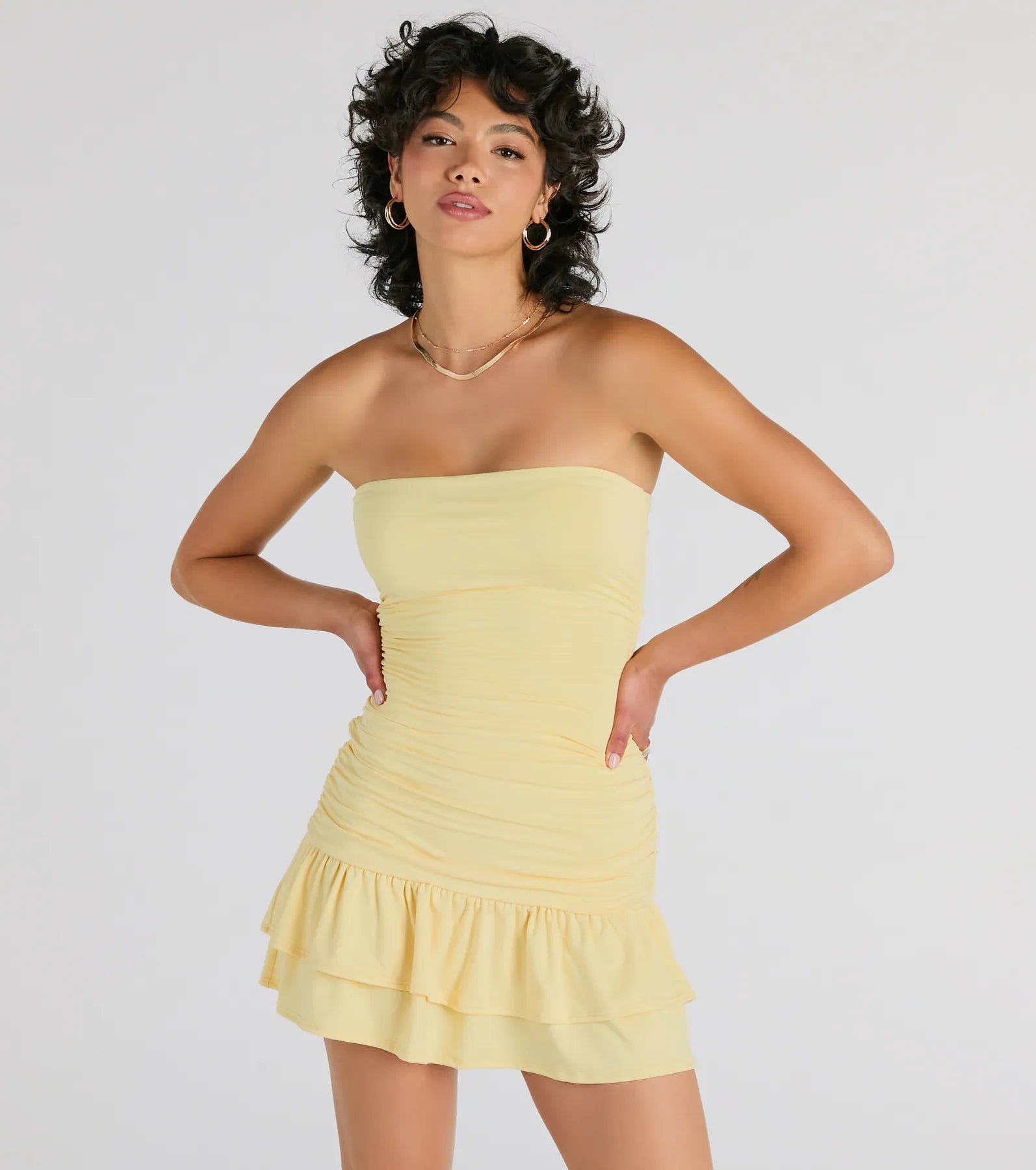 Here Comes The Sun Strapless Ruffled Mini Dress