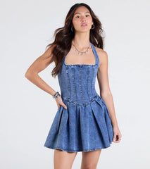 Darling Charm Halter Pleated Denim Skater Dress