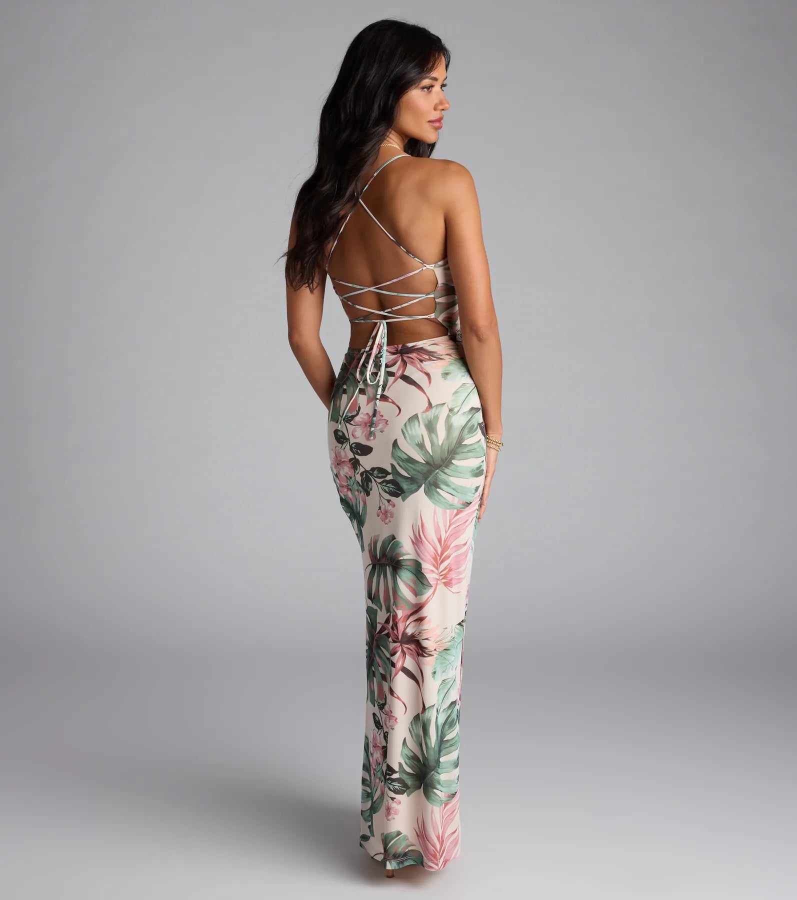 Kiss The Sun Tropical Lace-Up Slit Maxi Dress