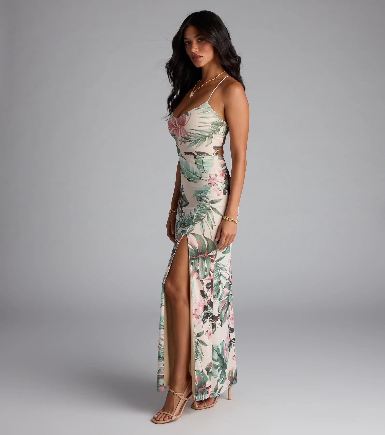 Kiss The Sun Tropical Lace-Up Slit Maxi Dress