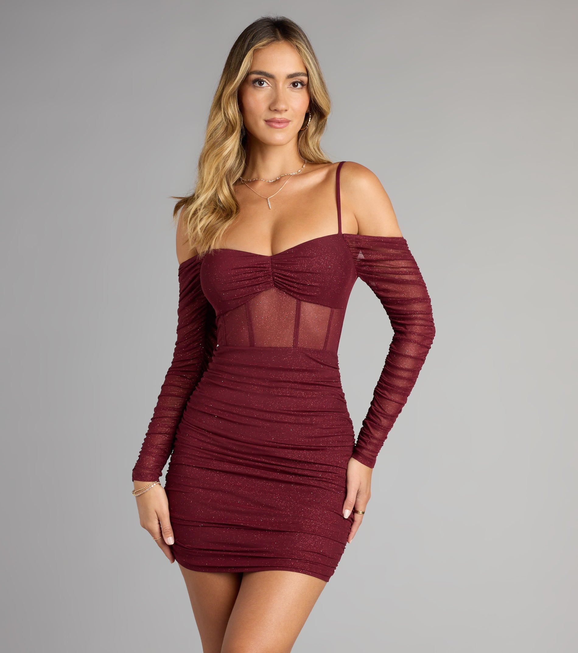 See Me Shining Glitter Off-The-Shoulder Mini Dress