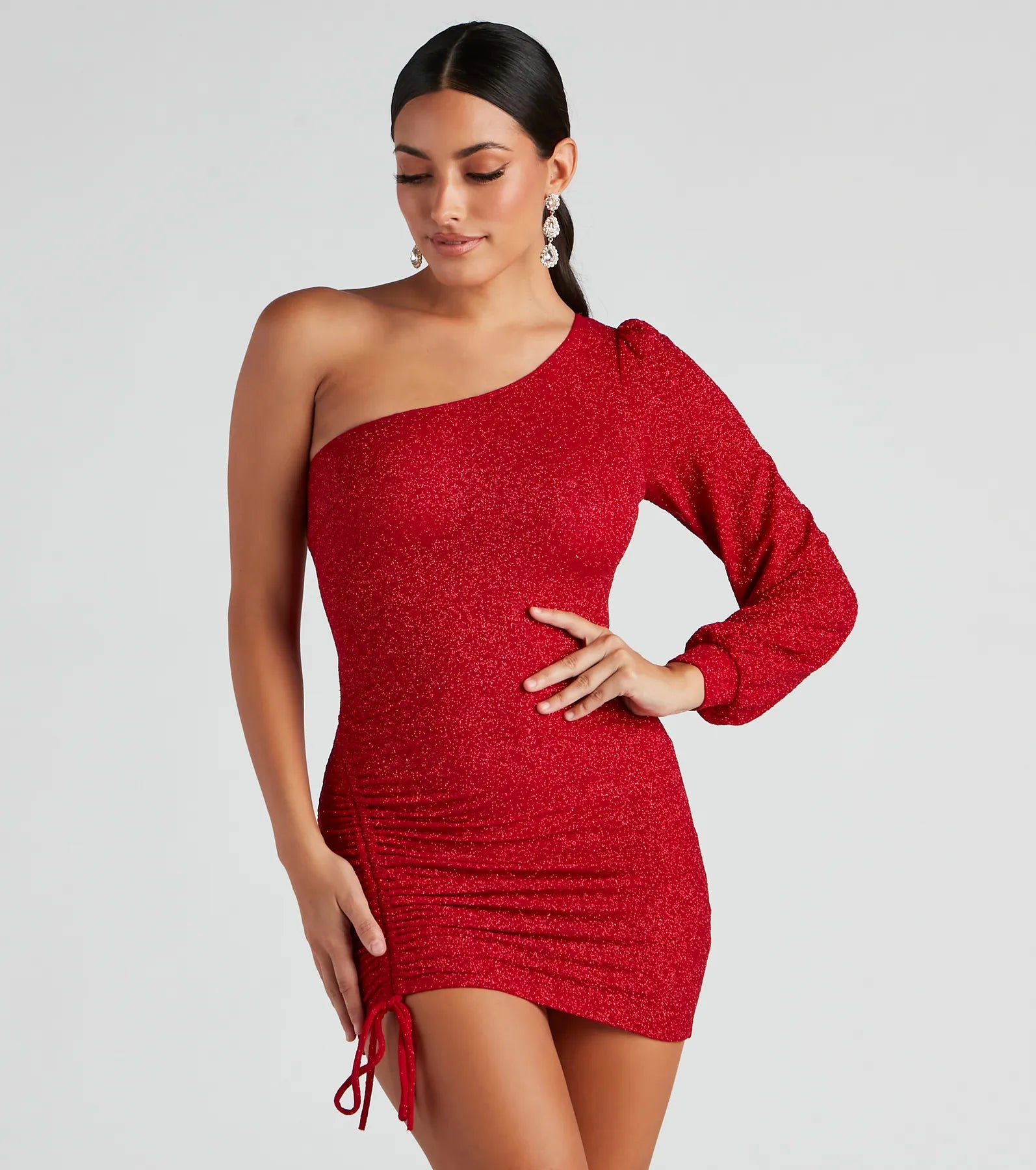 Evening Of Sparkle Balloon Sleeve Ruche Mini Dress