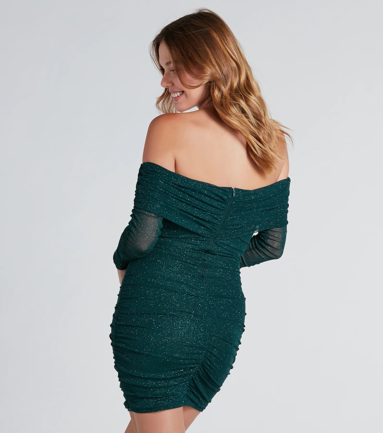 Shimmer Nights Off the Shoulder Glitter Mini Dress