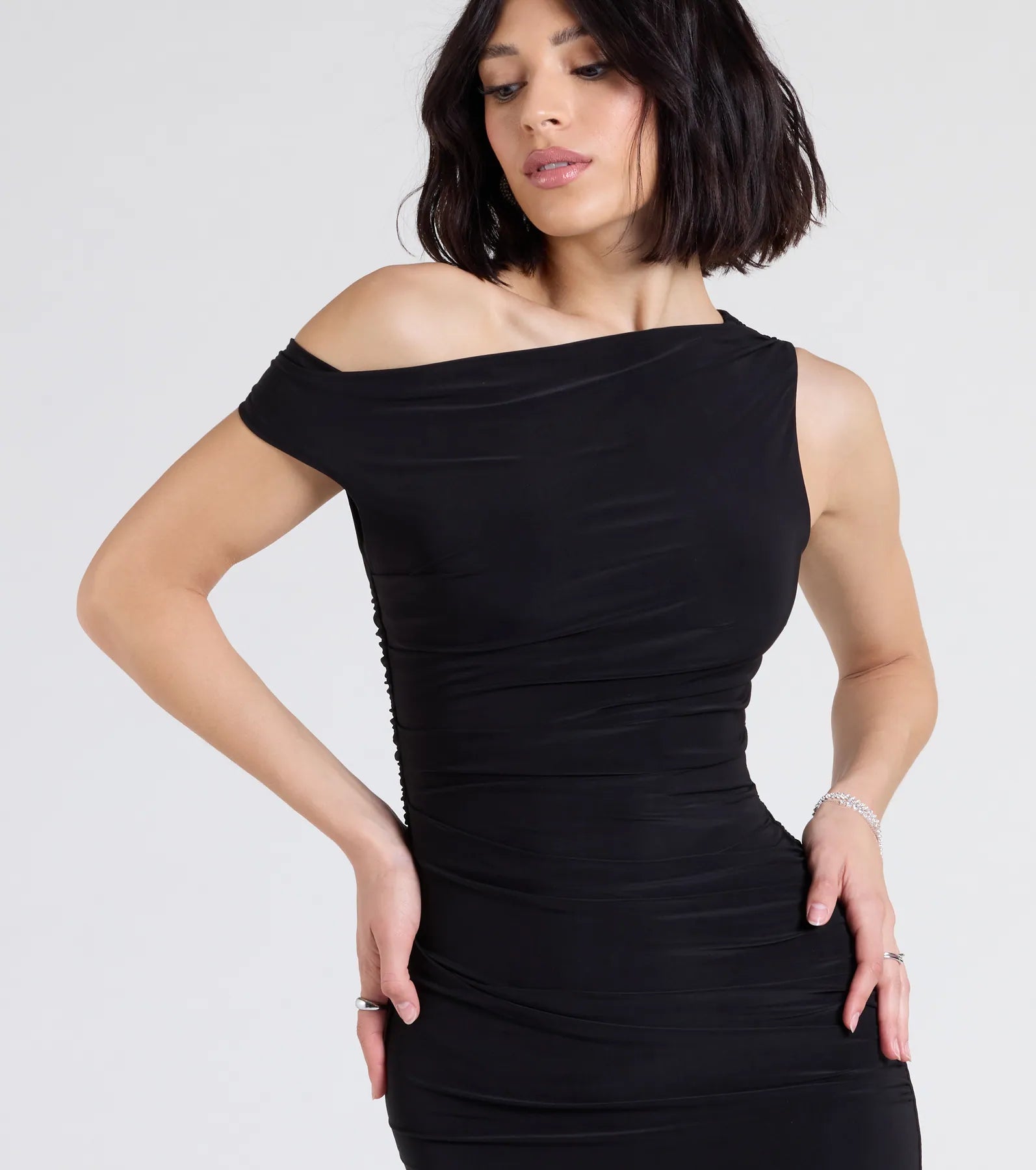 Chic Icon Ruched Knit Off-Shoulder Mini Dress